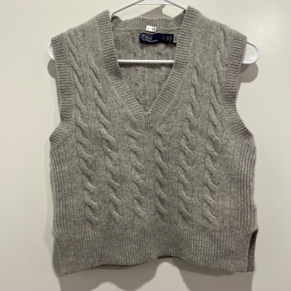 Polo Ralph Lauren Wool Cashmere Cable Knit V-Neck Sweater Vest Gray Small